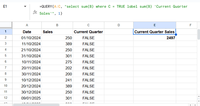 Google Sheets QUERY formula summarizing sales for the current quarter based on TRUE values