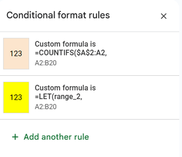 Google Sheets conditional formatting sidebar showing two rules applied for highlighting duplicates