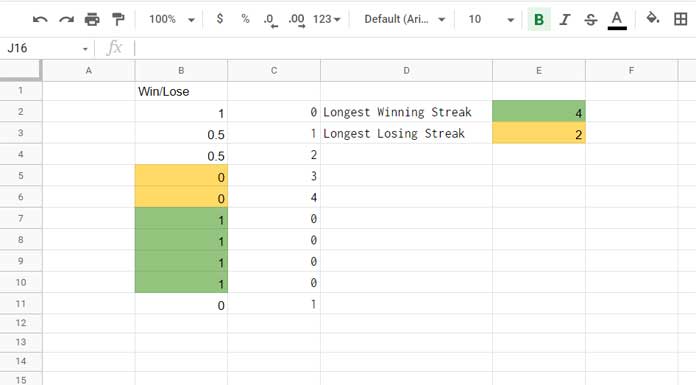 Longest Winning and Losing Streak Formulas in Google Sheets