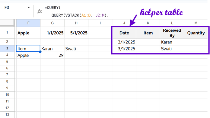 QUERY pivot showing all column labels retained using helper table and nested query