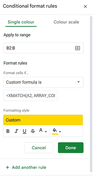 Conditional formatting rule in Google Sheets to highlight the last N values