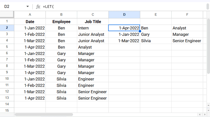 Filtered data in Google Sheets showing only the last status change per employee