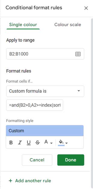 Conditional Format Rule - Settings Panel