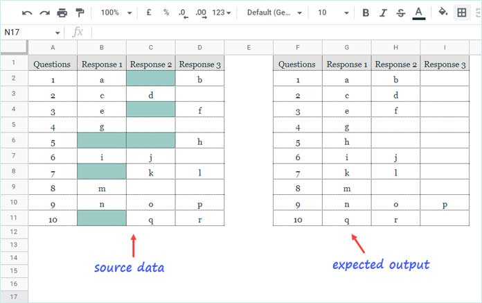 Formula to Delete and Shift Cells Left in Google Sheets - Example