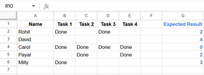 Sample data and expected output for counting blank cells in each row in Google Sheets