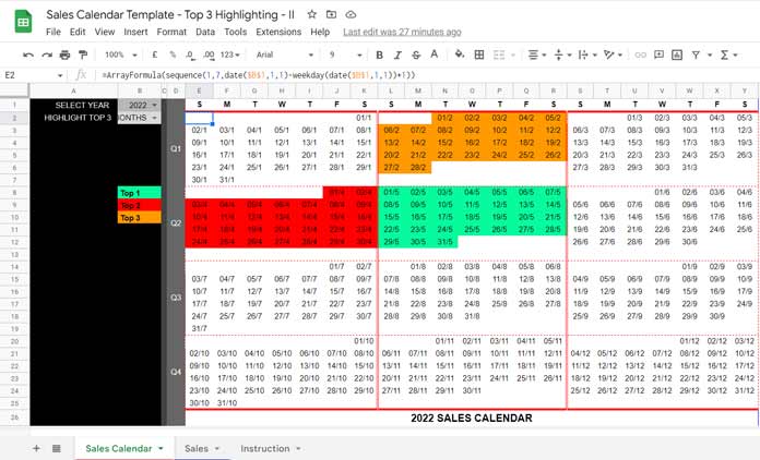 Sales Calendar With Top 3 Highlighting In Google Sheets