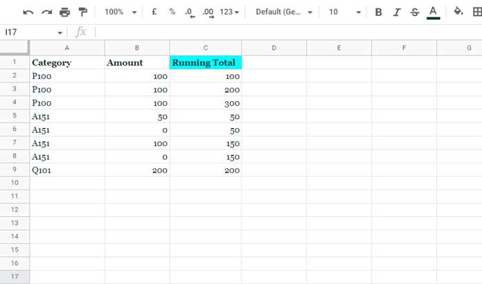 Example to Running Total by Category in Google Sheets