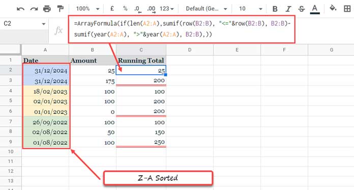 Reset Running Total at Every Year Change - Array Formula Example