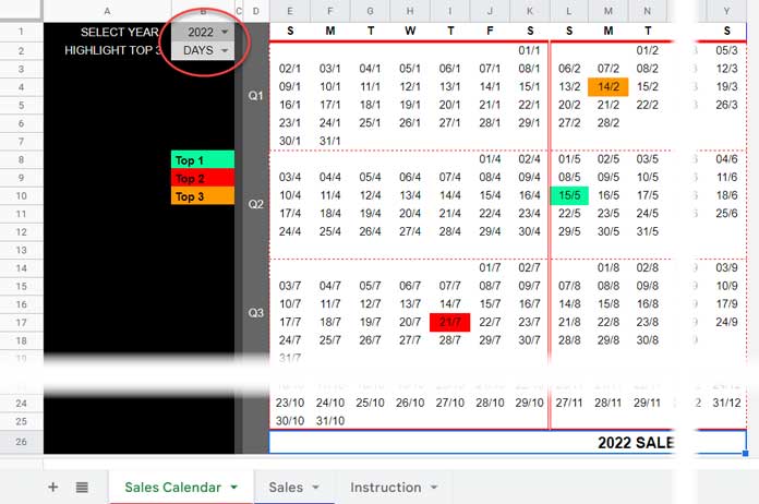 Template for Sales Calendar with Top 3 Highlighting