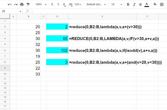REDUCE Function Examples in Google Sheets