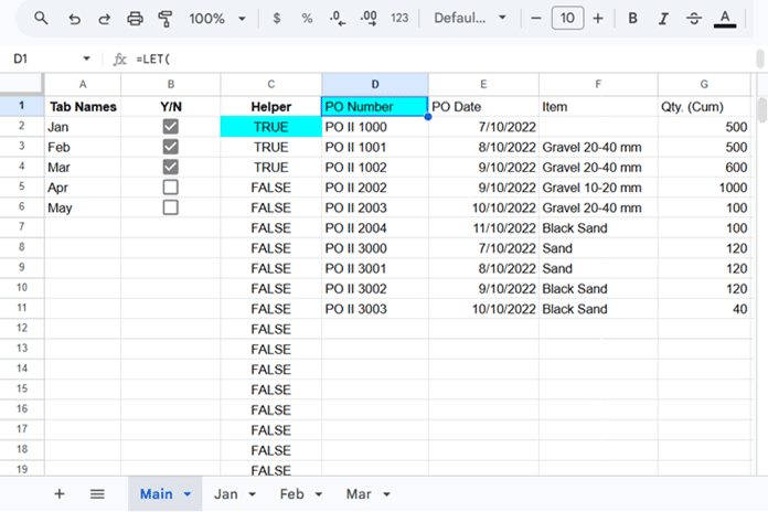 Query multiple Google Sheets using a list of sheet names with checkboxes and helper formula