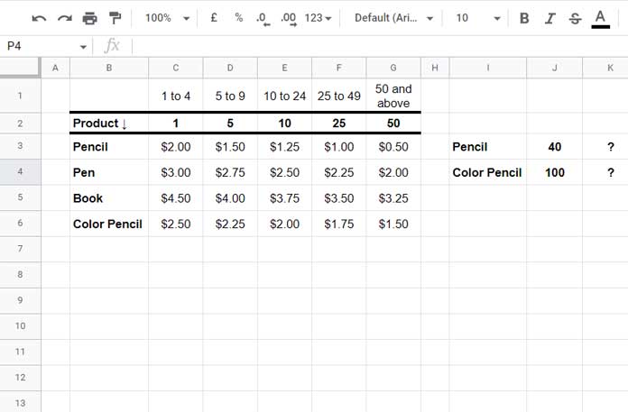 Product Price Based on Quantity Using Vlookup and Match