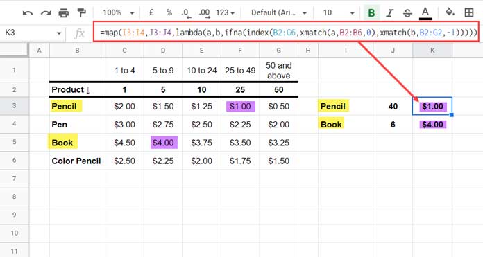 Product Price Based on Quantity Using Index and Match