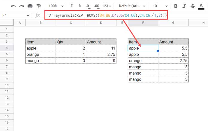 REPT_ROWS Function to Repeat Rows and Division Operator Use