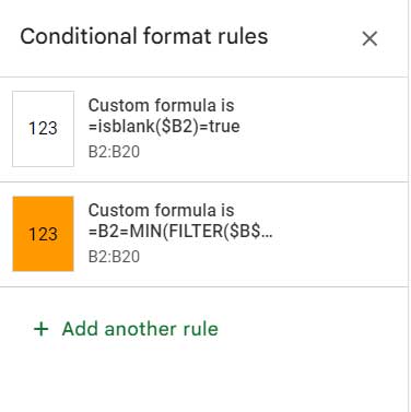 Two Rules in the Conditional Format Panel (Their Order)