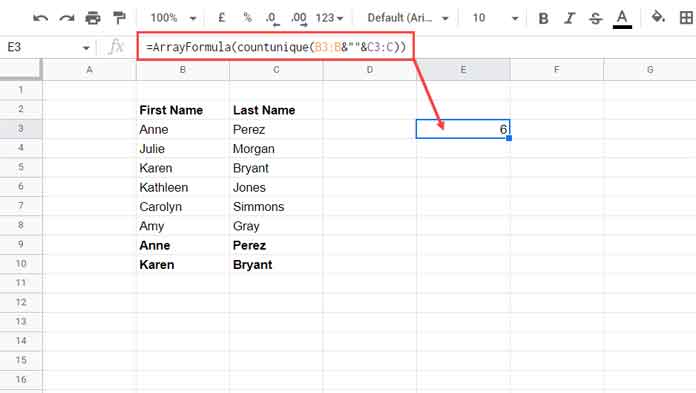 Countunique First and Last Names in Google Sheets