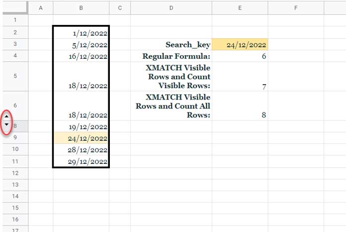 Hidden Rows and Changes in Relative Position