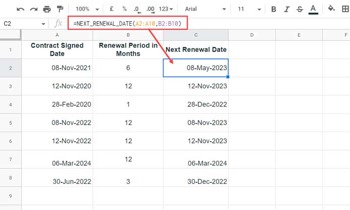 Find next renewal date using a formula in Google Sheets