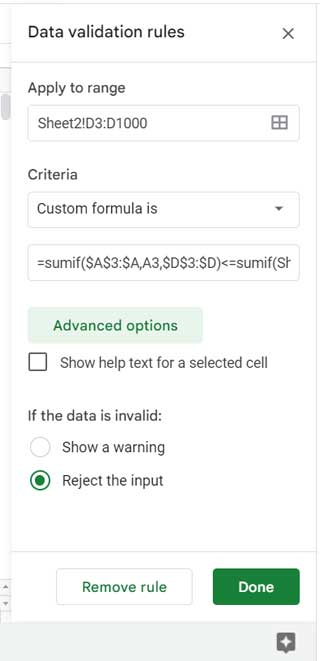 data validation rule to limit the sales within the stock qty