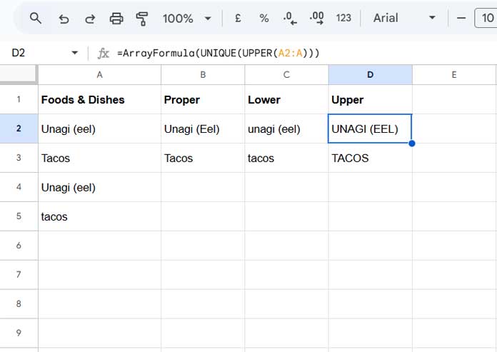 Example of Case-Insensitive Unique Values in Google Sheets Using Different Formulas