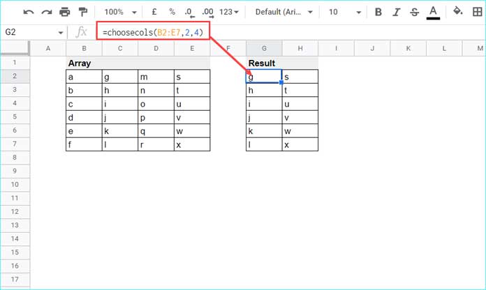 Example of the CHOOSECOLS function in Google Sheets showing how to select specific columns from a data range.