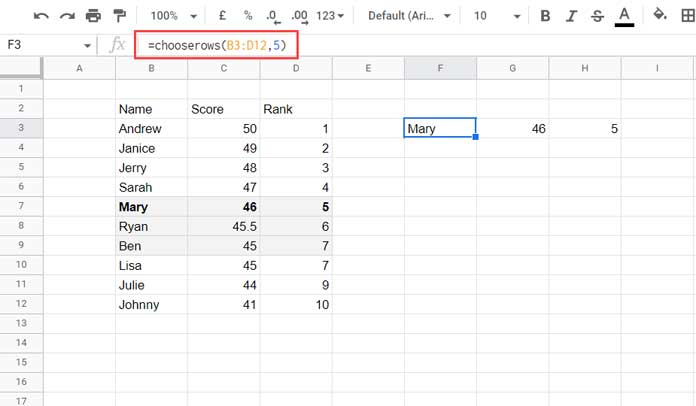 CHOOSEROWS function Basic Usage in Google Sheets