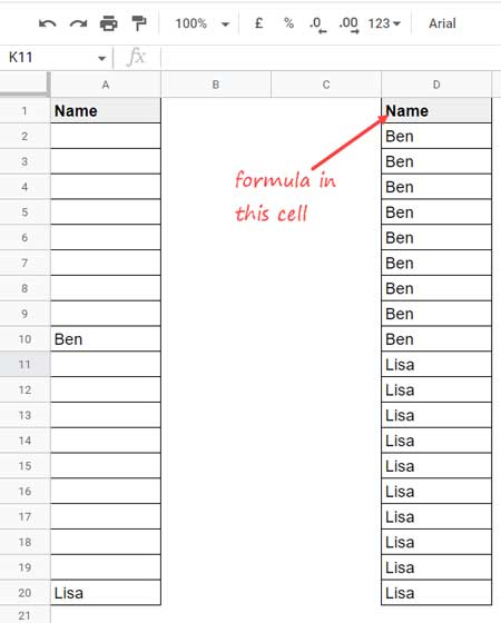 Fill Blank Cells with Values Below