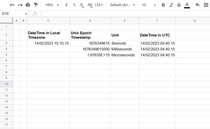 EPOCHTODATE converting Unix timestamps to UTC in a Google Sheets example