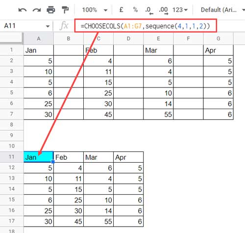 Example of selecting every other column from a data range in Google Sheets using a formula