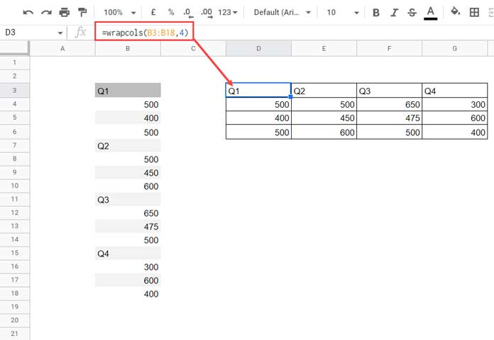 Examples of WRAPCOLS Function in Google Sheets