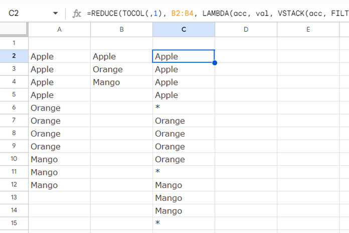 Using VSTACK within the REDUCE function in Google Sheets