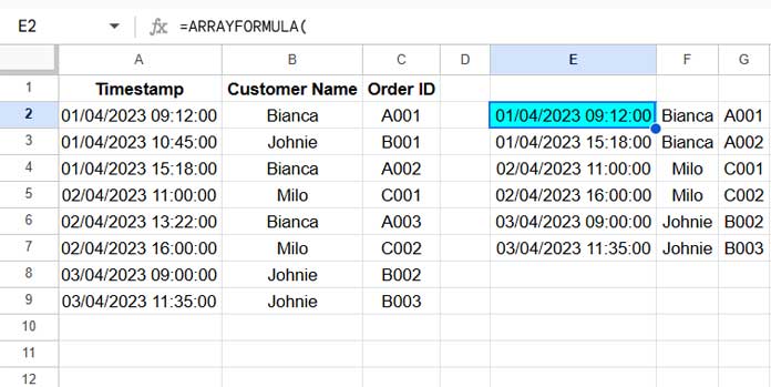 Filtered duplicate entries with the same date in Google Sheets using a formula