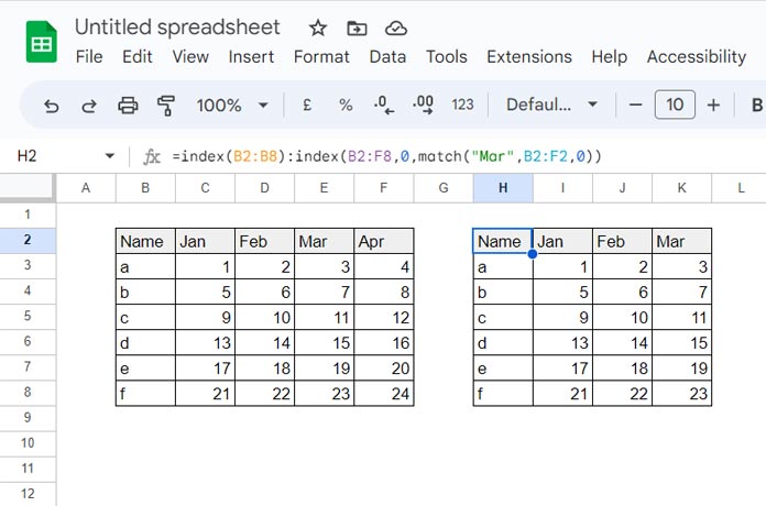 Index Match D2 Array Example in Google Sheets