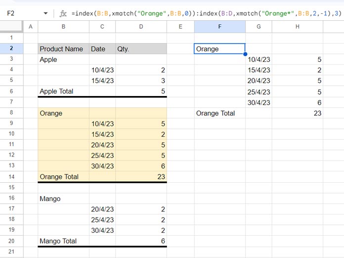 Index XMatch Matrix Result Example in Google Sheets