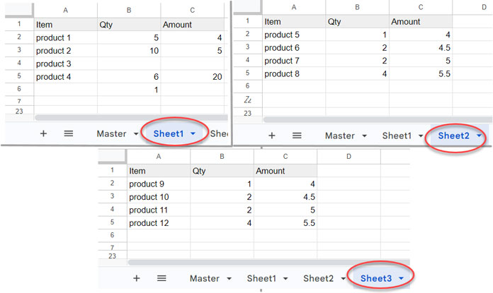 Sample data in 3 sheets for combining data in multiple tabs