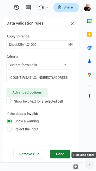 Prevent Duplicates: Data validation Settings