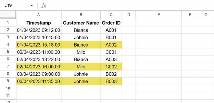 Highlighted second occurrences of same-date duplicates in Google Sheets using conditional formatting