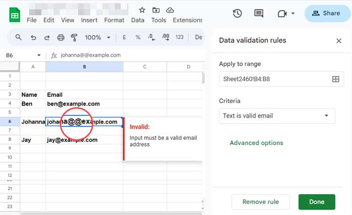 Allow Only Valid Email IDs in Sheets