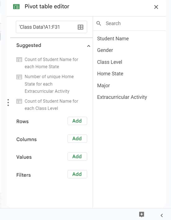 Creating First Pivot Table Report in Google Sheets