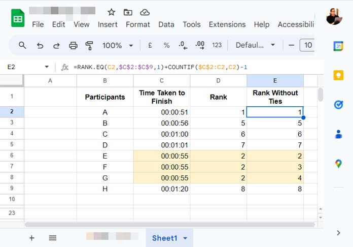 Rank without ties in ascending order