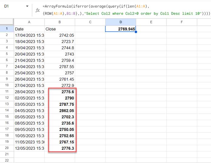 Getting Fewer Data Points in Moving Average when Using GoogleFinance Function: Solution