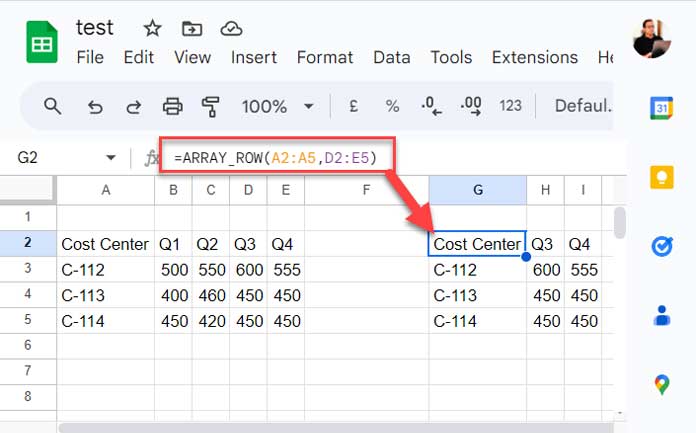 ARRAY_ROW Function in Google Sheets