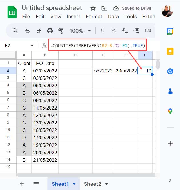 Countifs with Isbetween Formula