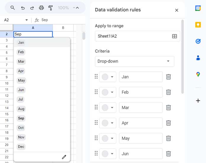 drop-down data validation to select months