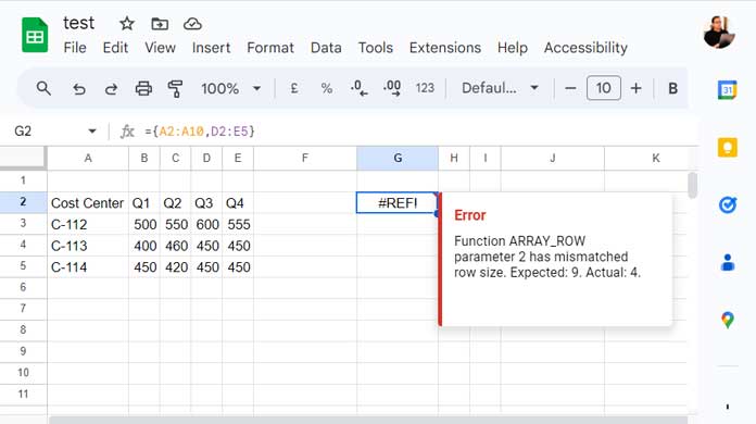 Example to ARRAY_ROW Function #REF Error