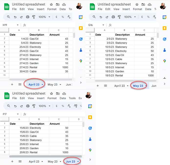 Sample Data for SUMIF Across Multiple Sheets