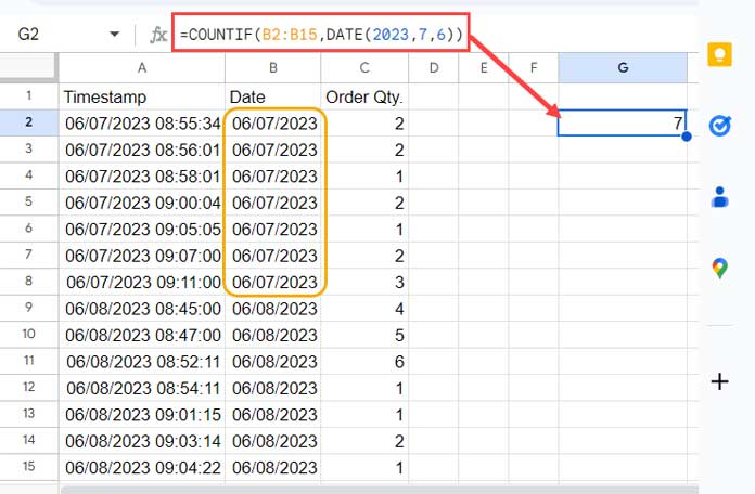 Proper use of date as a criterion in COUNTIF in Google Sheets