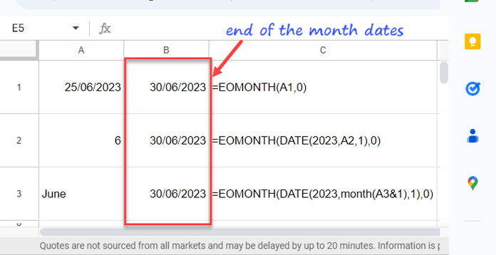 EOMONTH function examples calculating end-of-month dates.