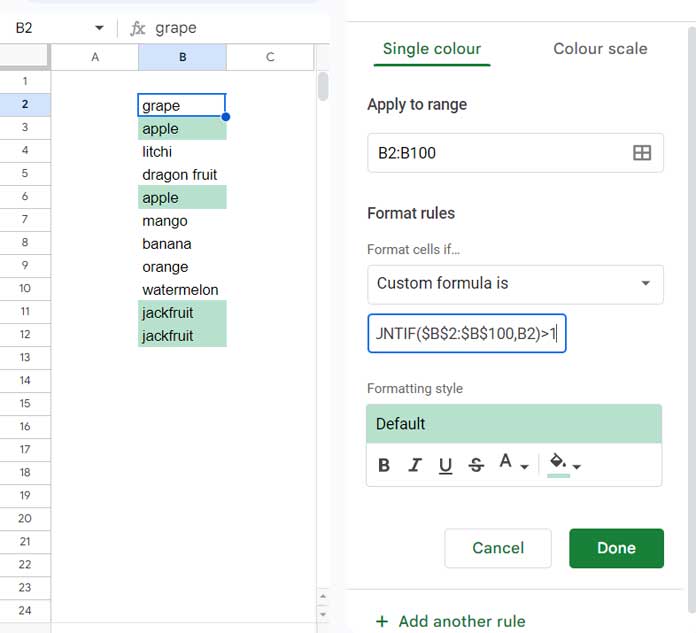 COUNTIF in Conditional Formatting in Google Sheets