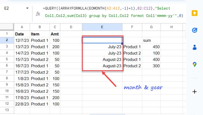 QUERY formula example: Grouping by month text